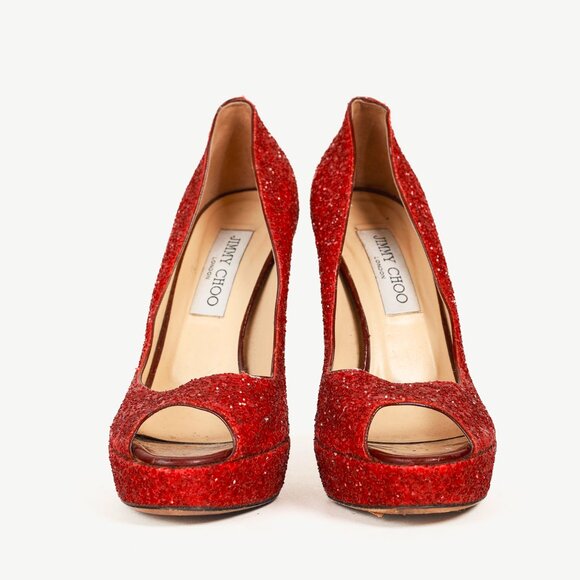 Jimmy Choo Crown Red Coarse Glitter Platform Pumps - Picture 2 of 9